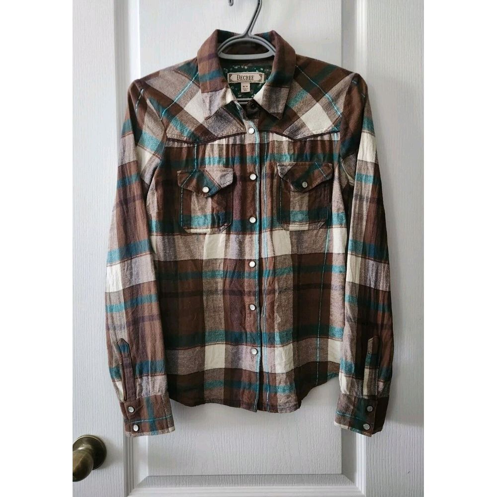 DECREE Womens Plaid Flannel Shirt Long Sleeve Cotton Top Brown/green Size M